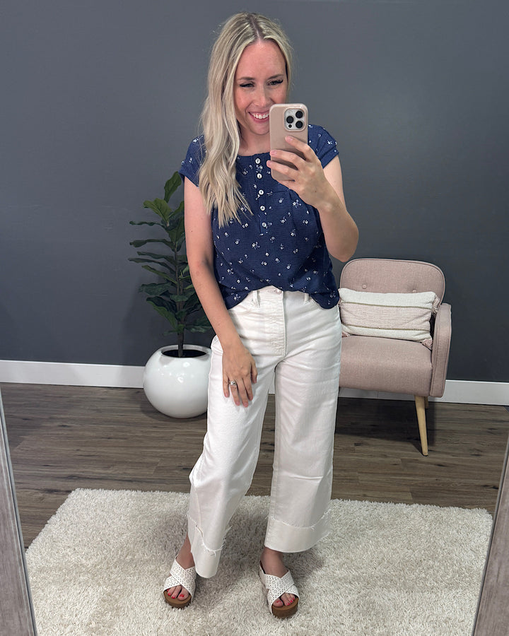 Amanda Floral Pleated Henley Top - Navy PS Kate