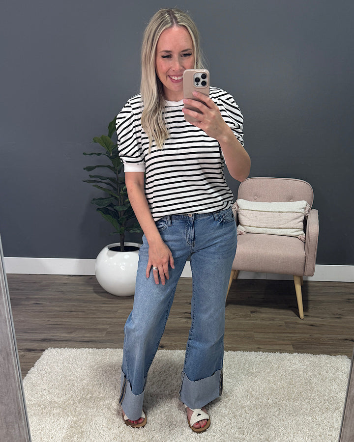 Hillary Striped Puff Sleeve Top - Black Lovely Melody