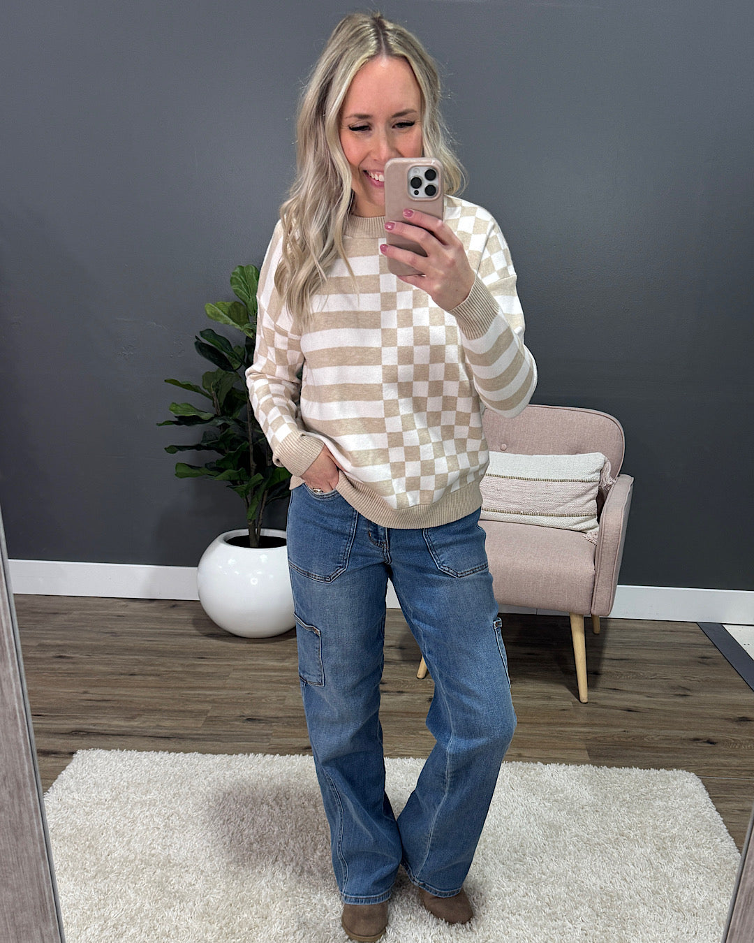 Ashley Checkered and Striped Sweater - Taupe Staccato