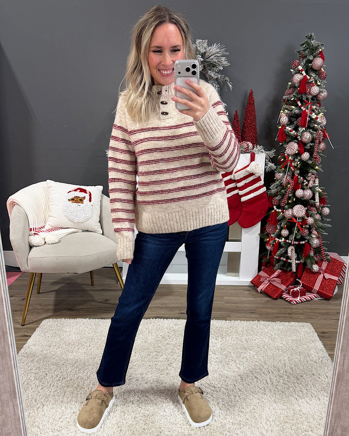 NEW! Fireside Striped Henley Sweater - Oatmeal & Red
