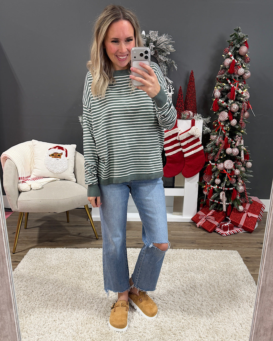 NEW! Believe It Striped Sweater - Dusty Jade Staccato