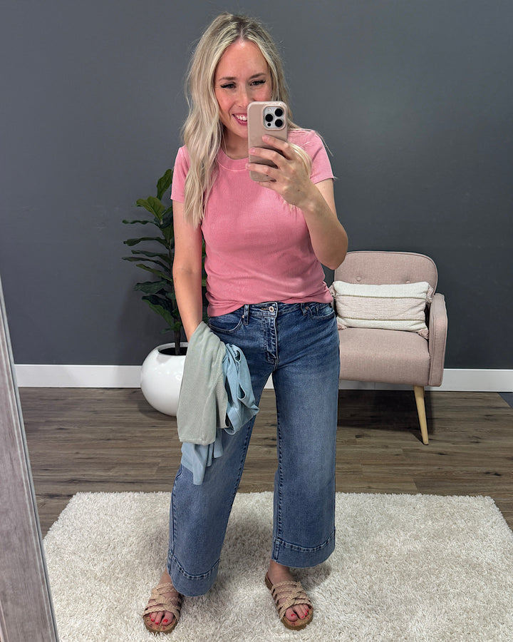 Cassidy Short Sleeve Ribbed Top - Coral Be Cool