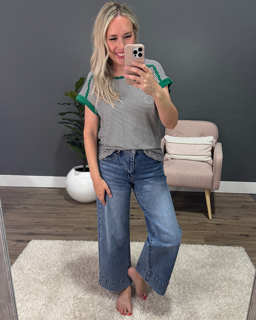 It's Time Striped Drop Shoulder Top - Ivory & Green Staccato