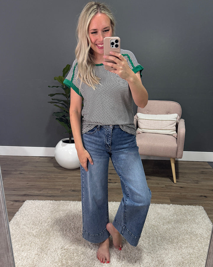 It's Time Striped Drop Shoulder Top - Ivory & Green Staccato