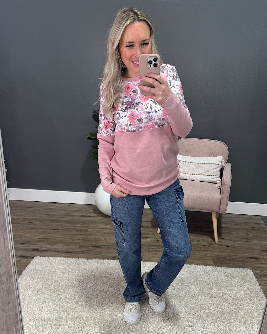 Natalie Pullover Color Block Sweatshirt - Pink Floral Michelle Mae