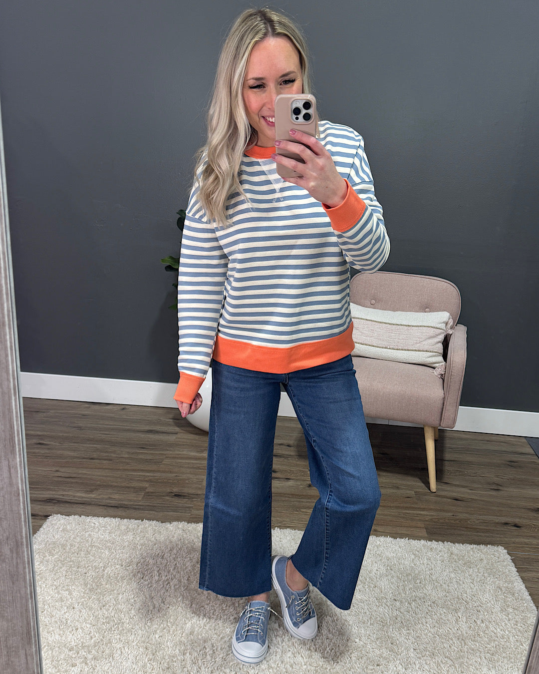 Kaylee Dusty Blue Striped Top - Coral Staccato