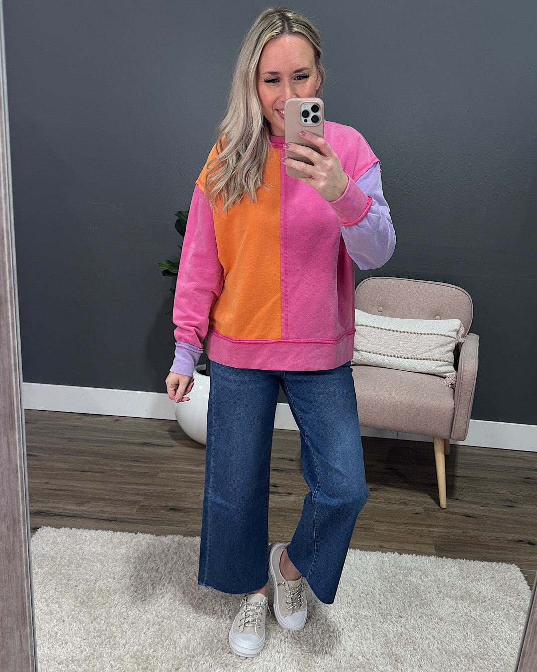 Luna Color Block Top - Fuchsia & Orange White Birch