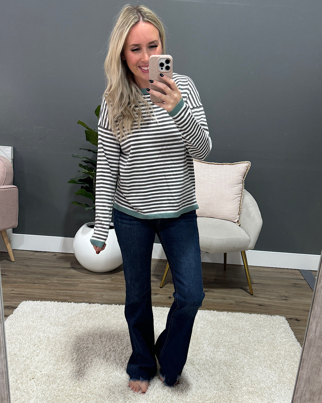 Kathryn Gray Striped Side Slit Sweater - Aqua  Staccato   