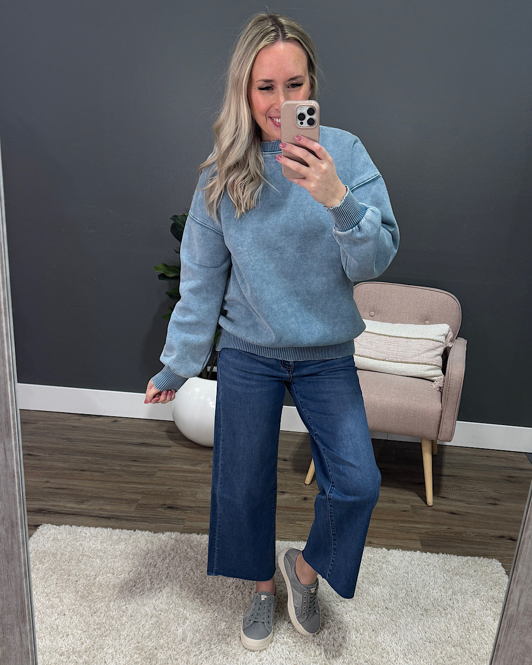 Boyfriend Crewneck Sweatshirt - Blue Gray Zenana