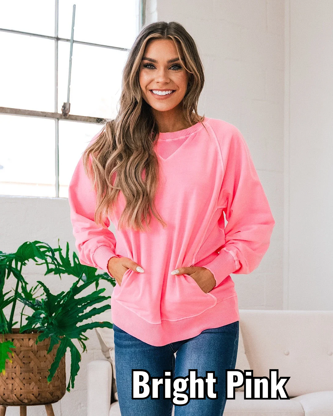 Girlfriend Crewneck Sweatshirt - Bright Pink Zenana Small