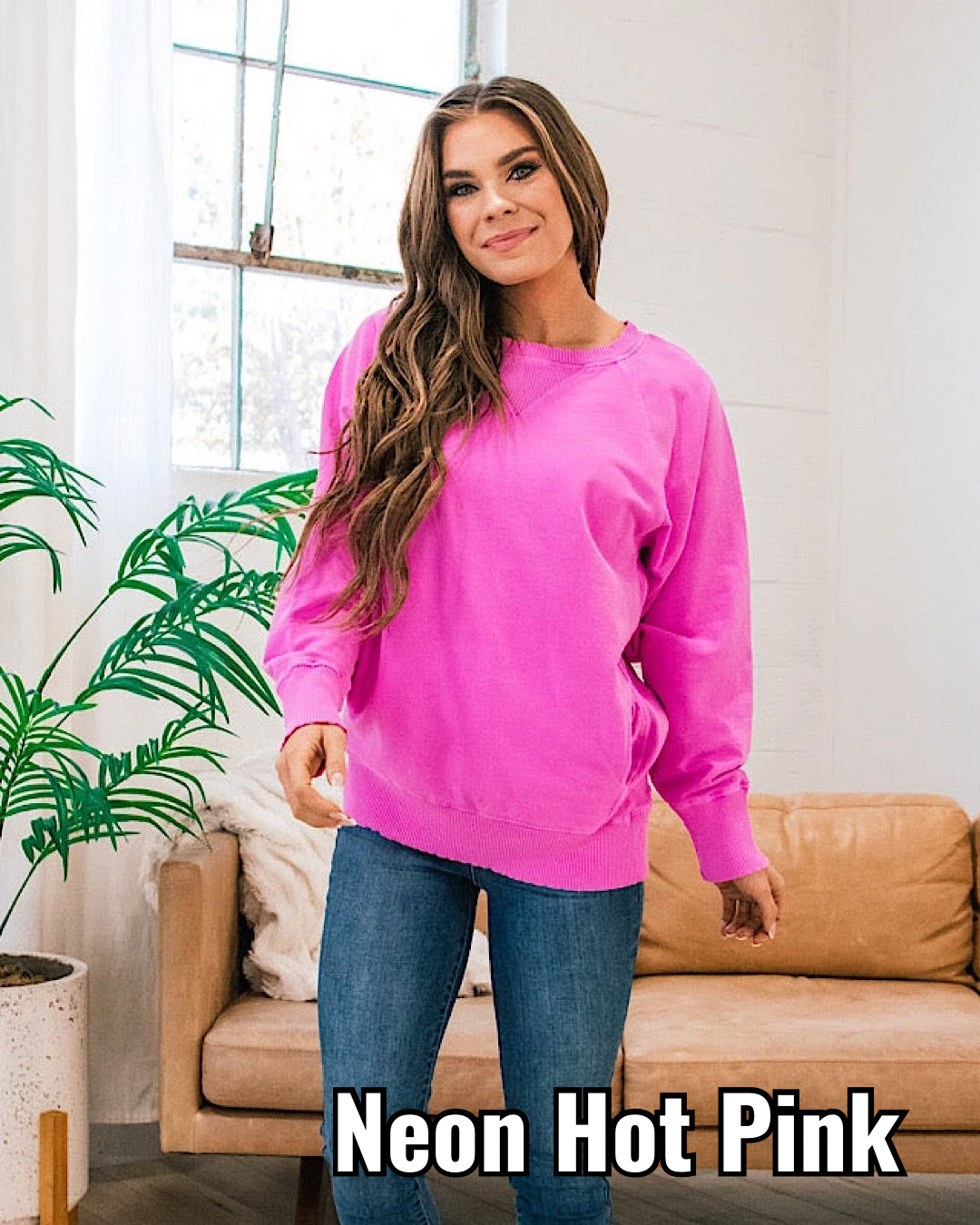 Girlfriend Crewneck Sweatshirt - Neon Hot Pink Zenana Small