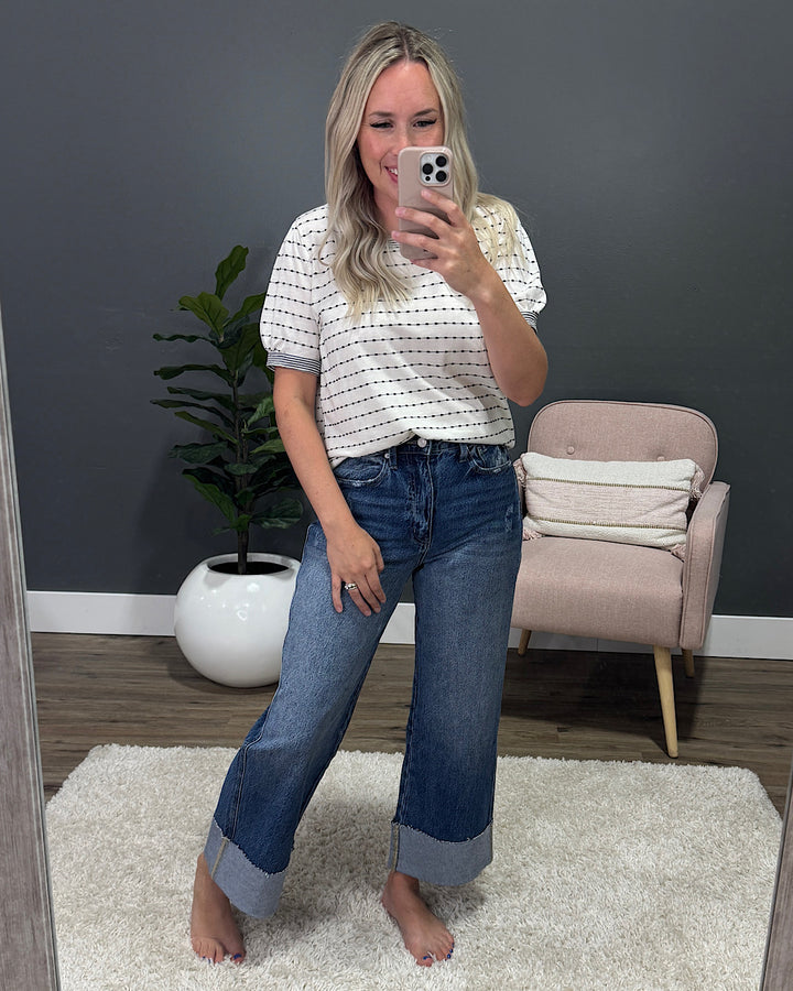 NEW! Natasha Bubble Sleeve Top - Ivory & Black Staccato