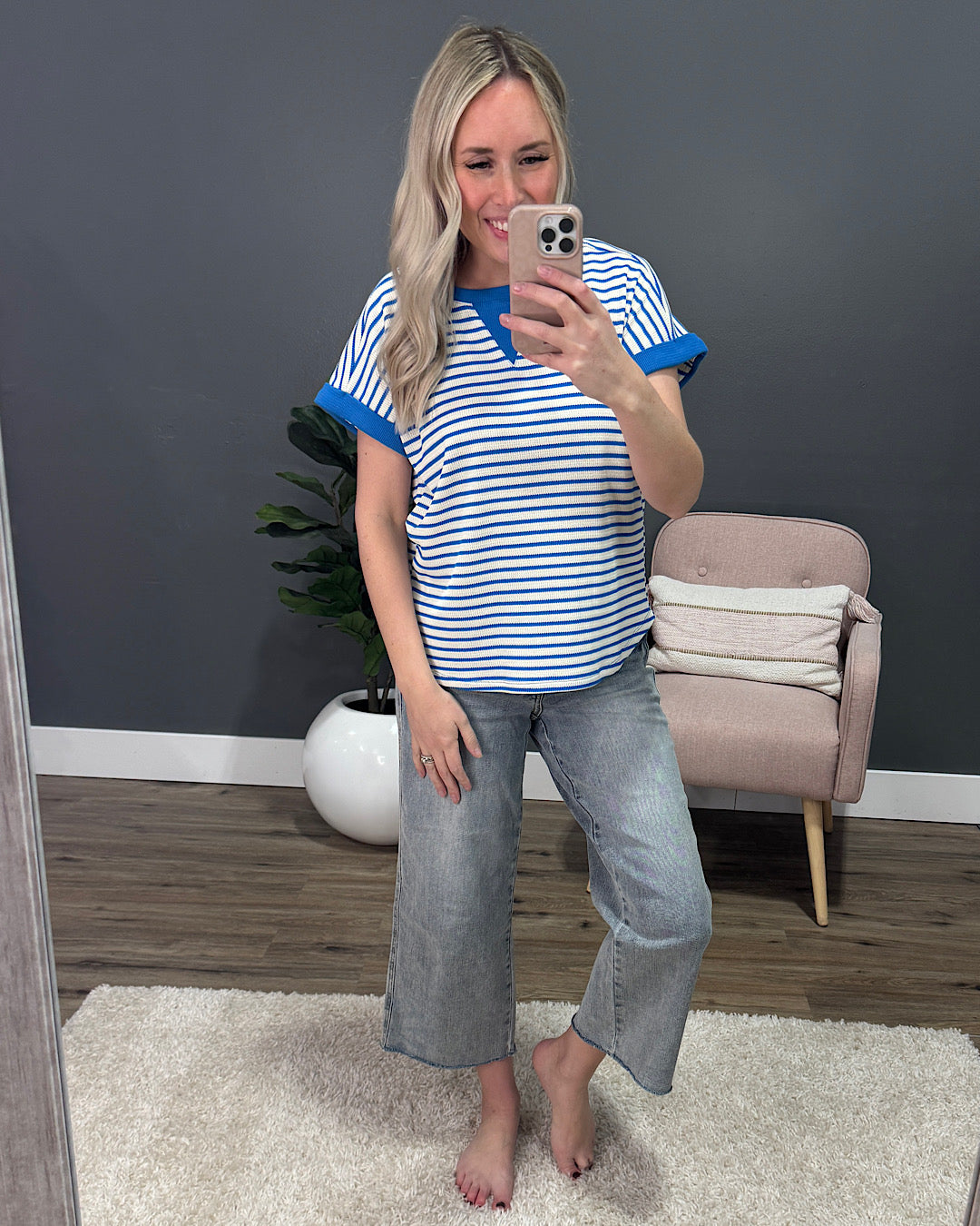 NEW! Justine Striped Thermal Knit Top - Blue Staccato