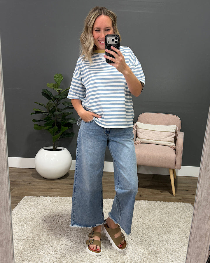 NEW! Hazel Contrast Striped Top - Dusty Blue & Yellow