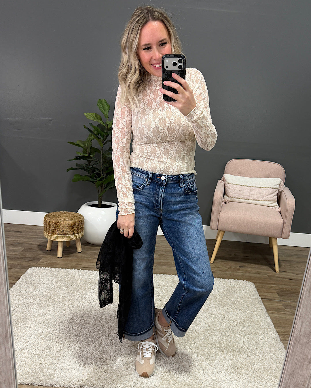 NEW! Aubrey Long Sleeve Lace Top - Black Stripe Very J