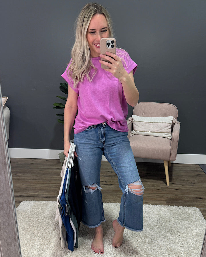 Bestie Marled Roll Sleeve Top - White Zenana
