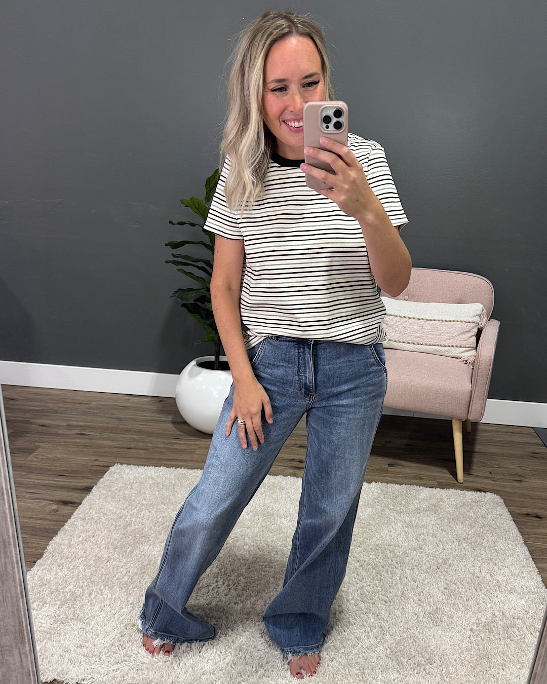 NEW! Adalyn Striped Short Sleeve Top - Black, Gray and Cream Tea N Rose