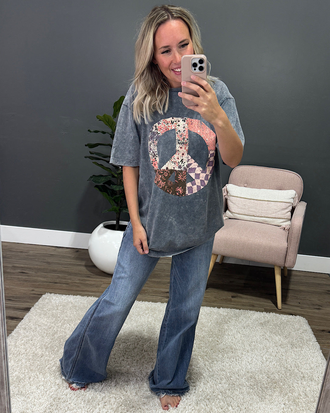 NEW! Patchwork Peace Sign Gray Denim Mineral Wash Tee Zutter