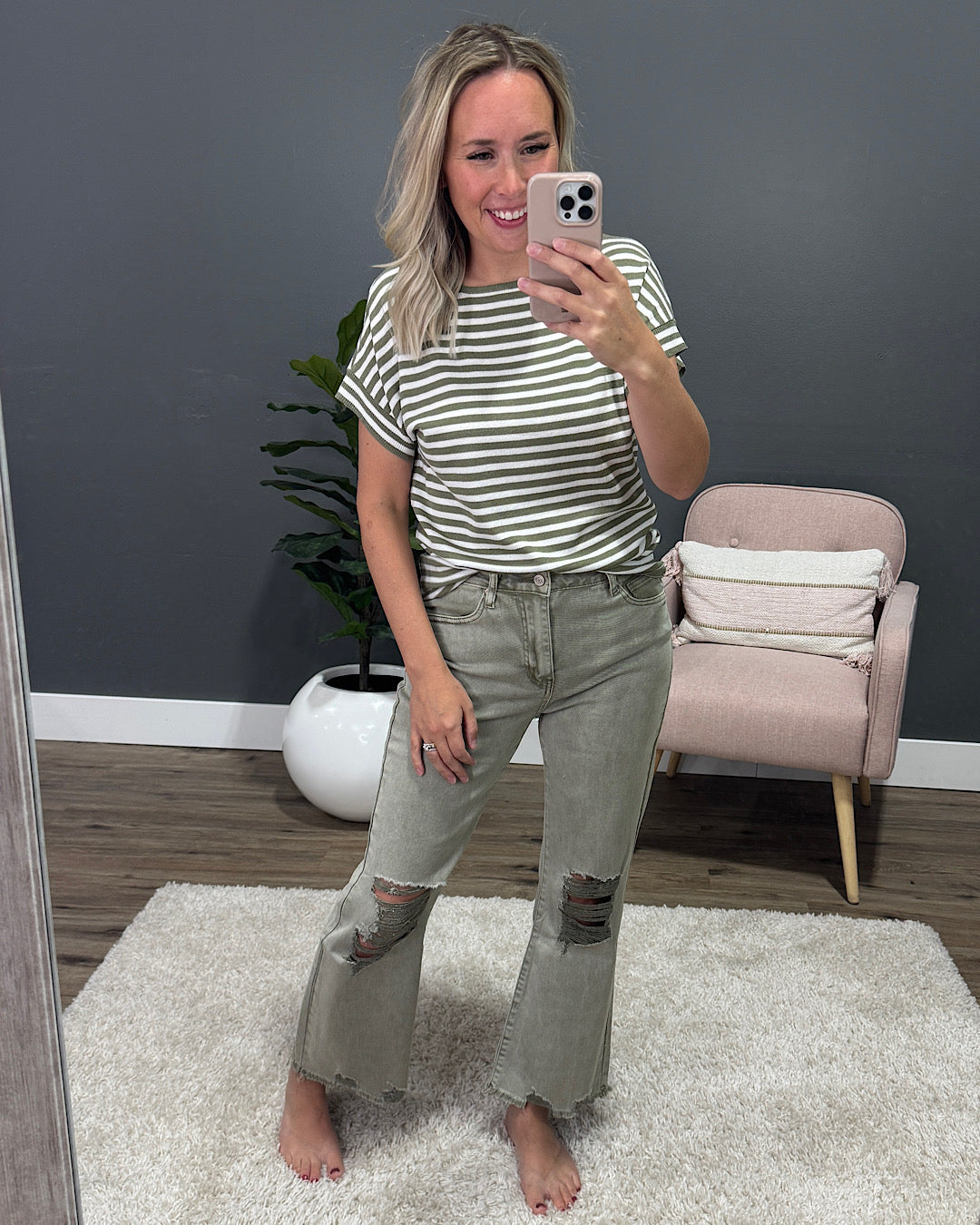 NEW! With You Striped Short Sleeve Sweater - Olive Staccato