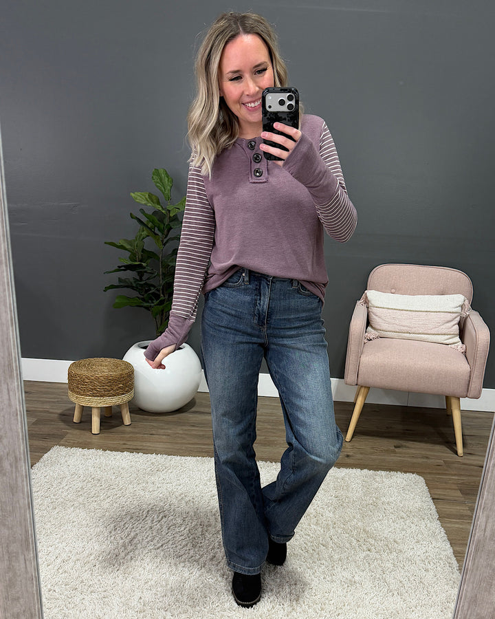 NEW! Eve Contrast Stripe Sleeve Henley Top - Vintage Mulberry