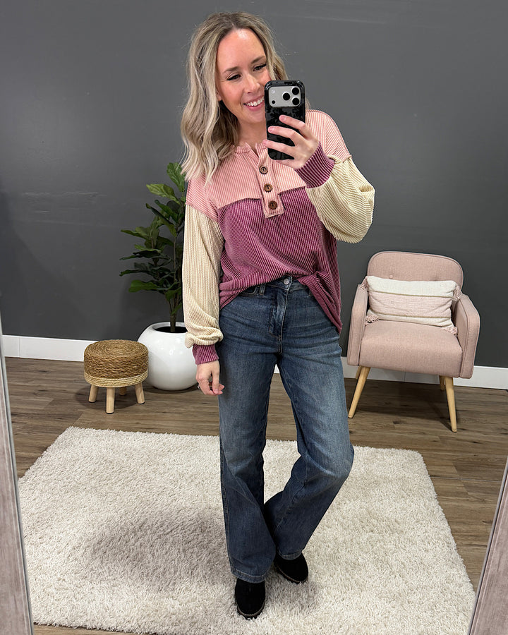 NEW! Andrea Corded Color Block Henley Top - Marsala