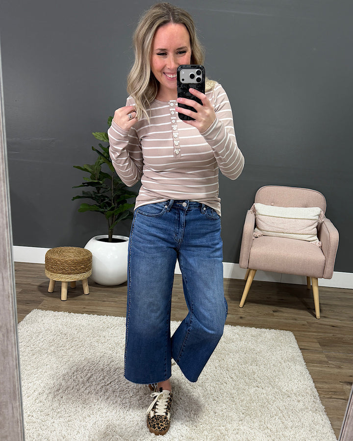 NEW! Celeste Striped Henley Top - Taupe