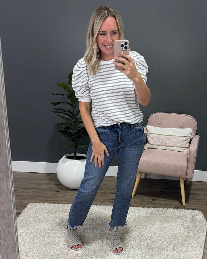NEW! Hillary Striped Puff Sleeve Top - Heather Gray Lovely Melody