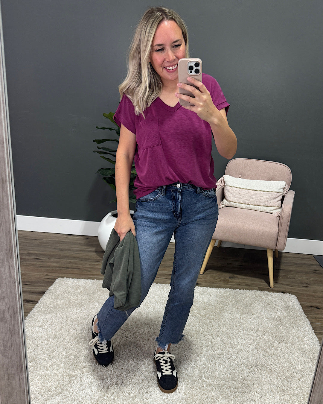 NEW! The Effortless V Neck Pocket Top - Magenta Staccato