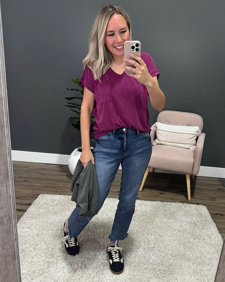 NEW! The Effortless V Neck Pocket Top - Magenta Staccato