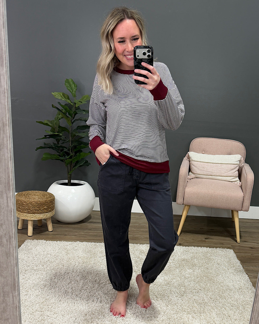 NEW! Marie Pinstriped Long Sleeve Top - Plum Staccato