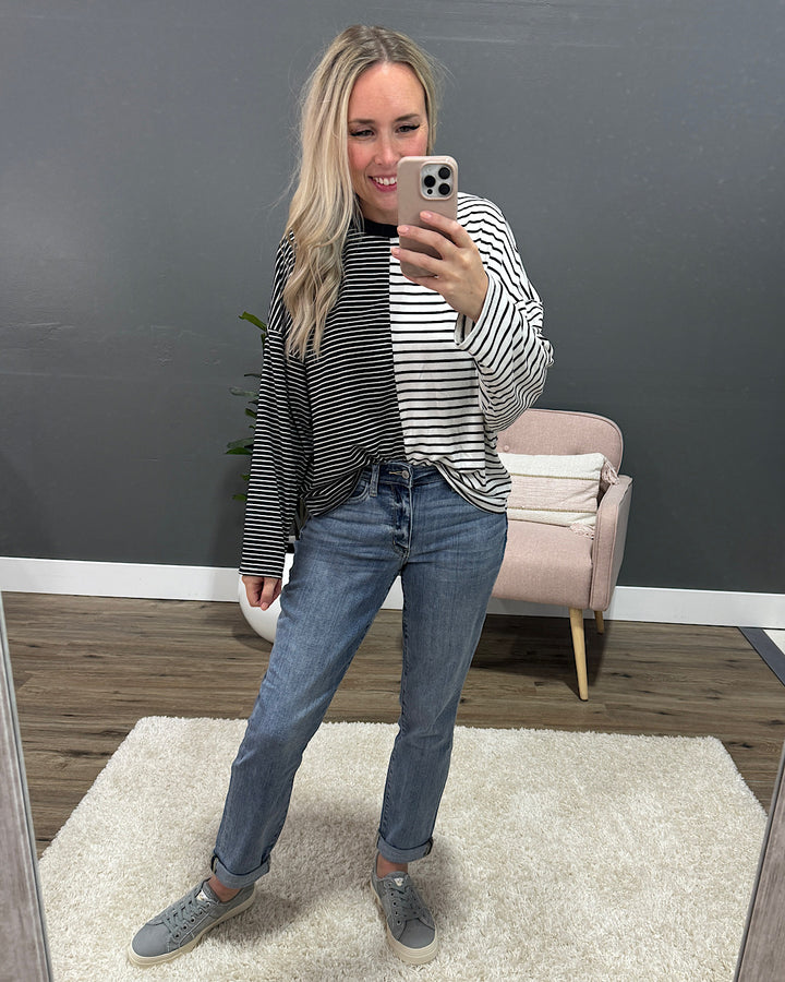 Kendra Contrasting Striped Dolman Sleeve Top - Black FINAL SALE Lovely Melody