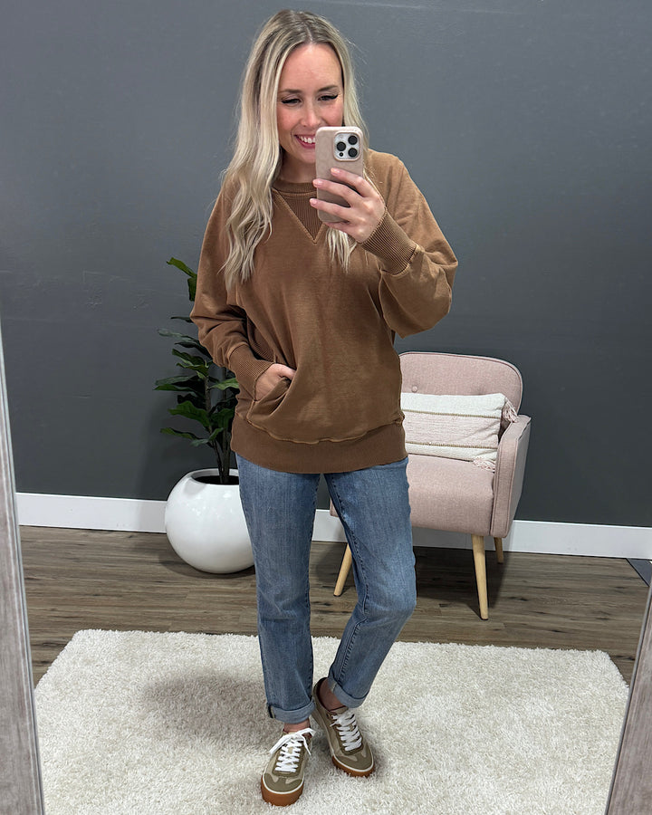 Girlfriend Crewneck Sweatshirt - Deep Camel Zenana