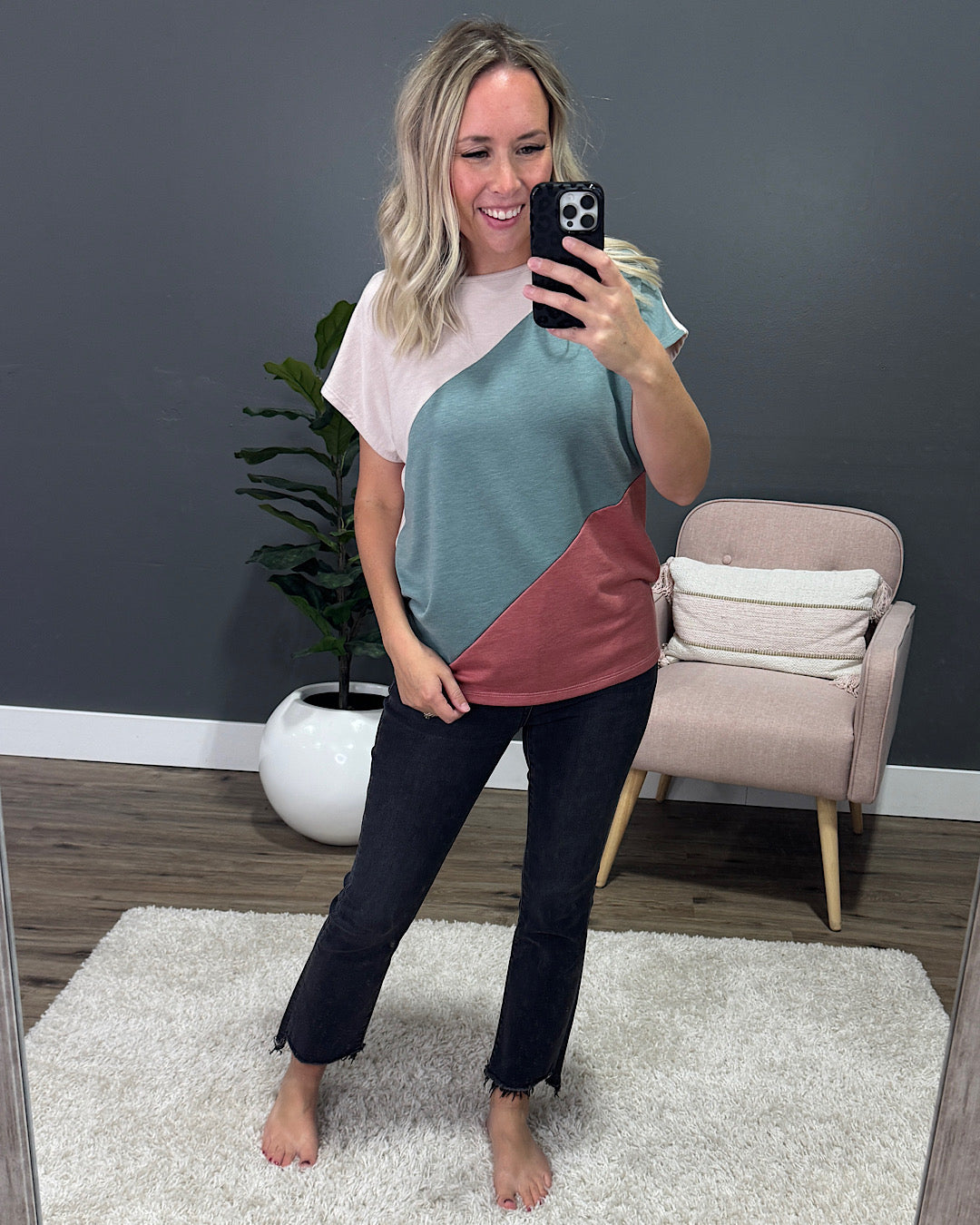 NEW! Elaine Color Block Top - Olive & Rust