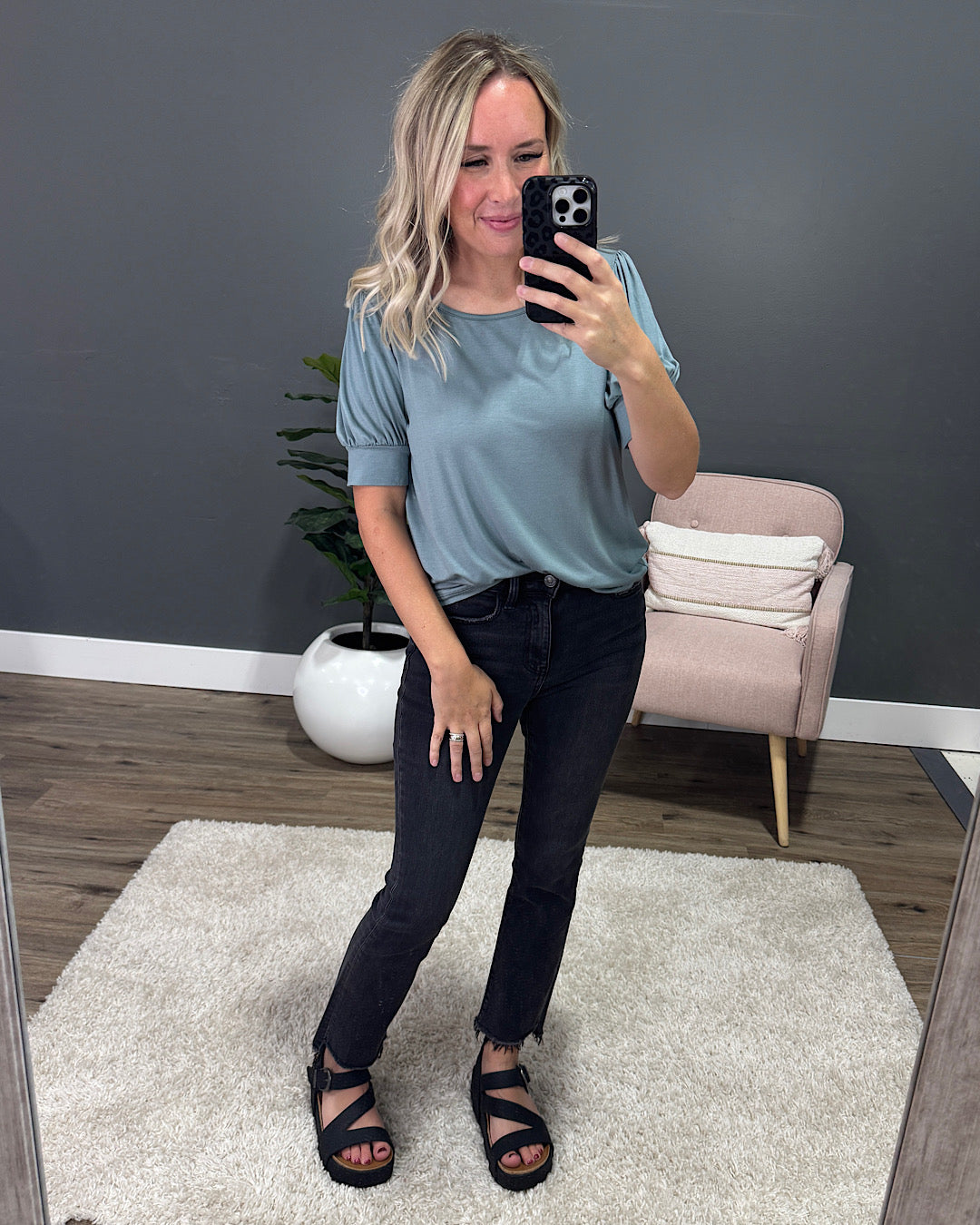 NEW! Cassie Puff Sleeve Top - Dusty Teal Staccato