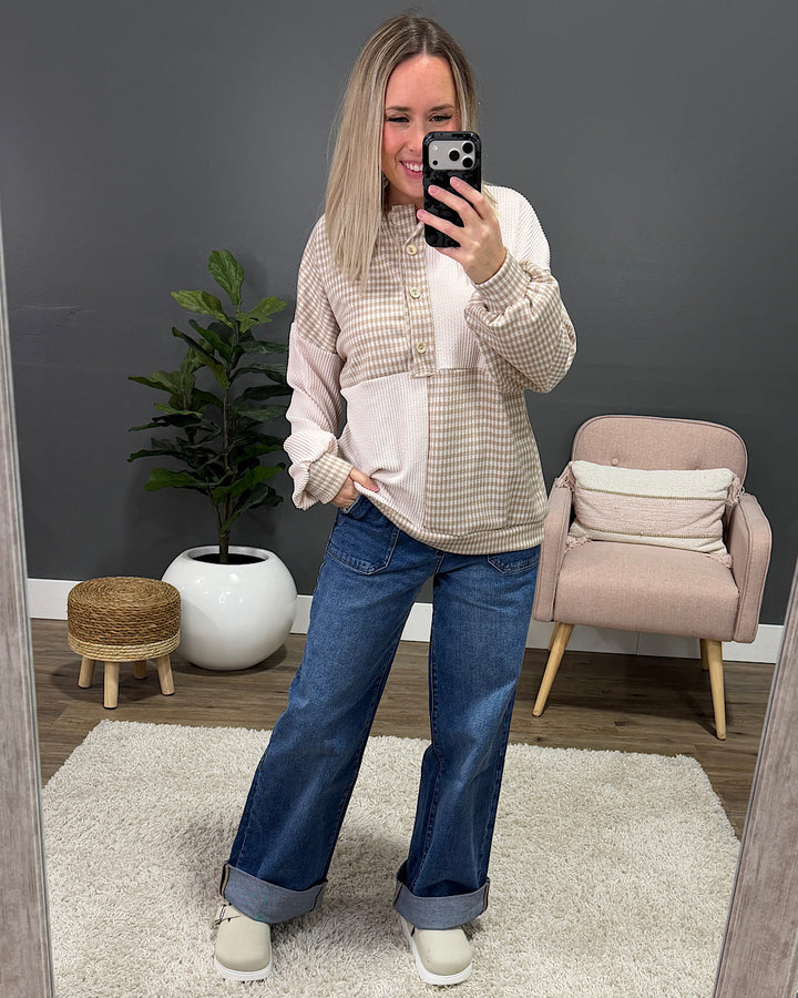 Cassie Mixed Fabric Henley Top - Taupe Lovely Melody