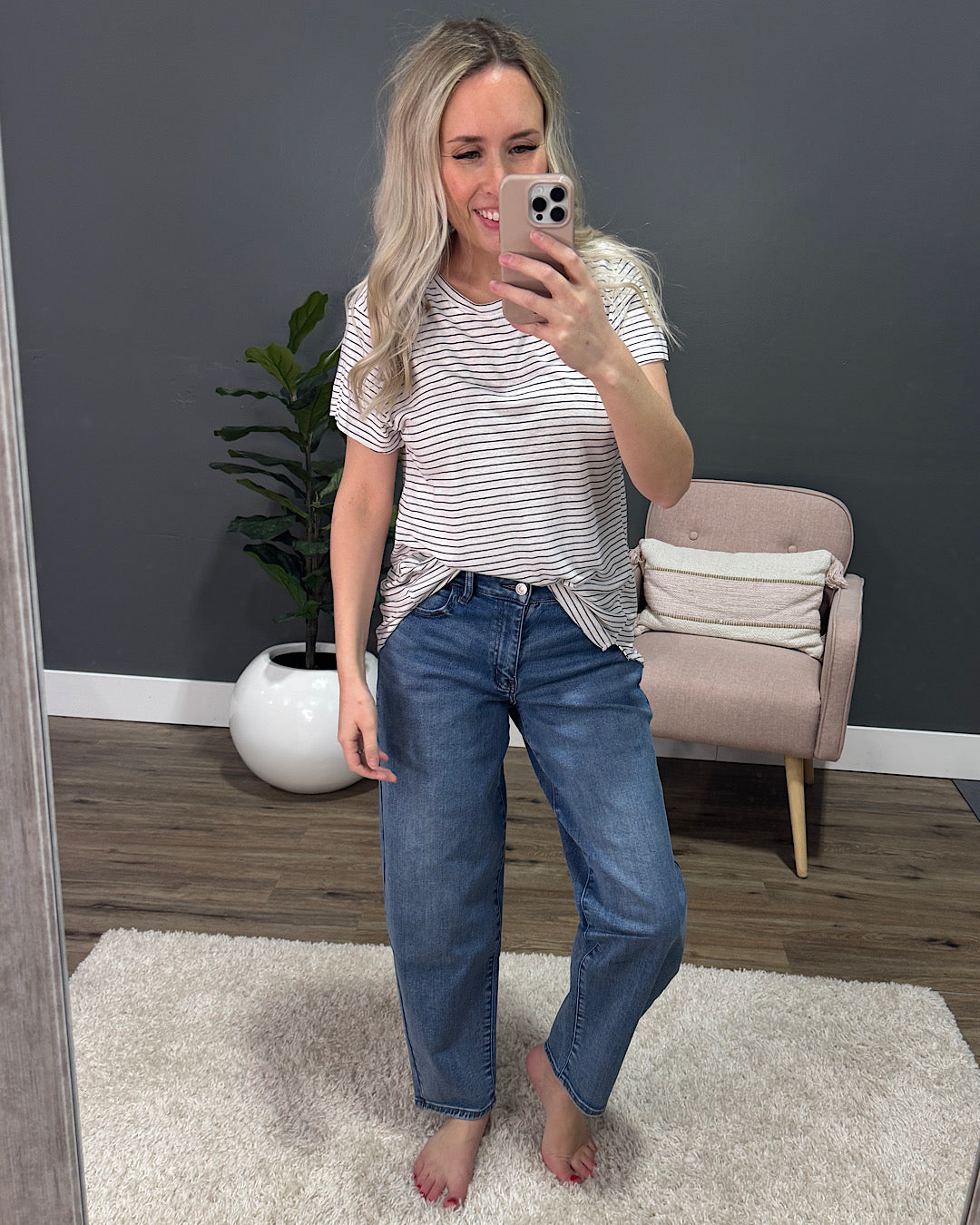 Alexa Striped Relaxed Top - Charcoal Be Cool