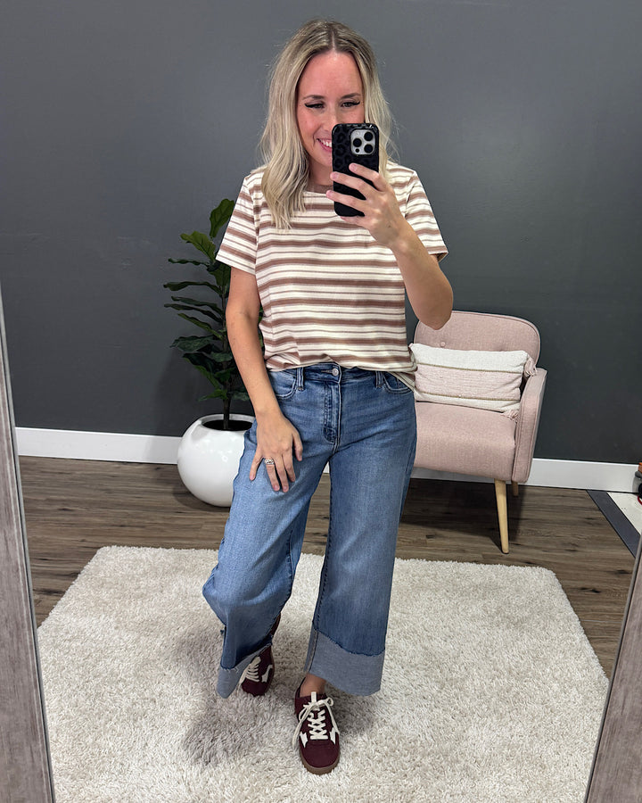 NEW! Lacy Ivory and Taupe Striped Top Tea N Rose