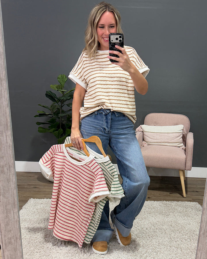 NEW! Devri Textured Striped Top - Mocha