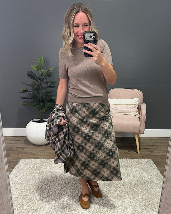 NEW! Jade Plaid A-Line Skirt - Greige Be Cool