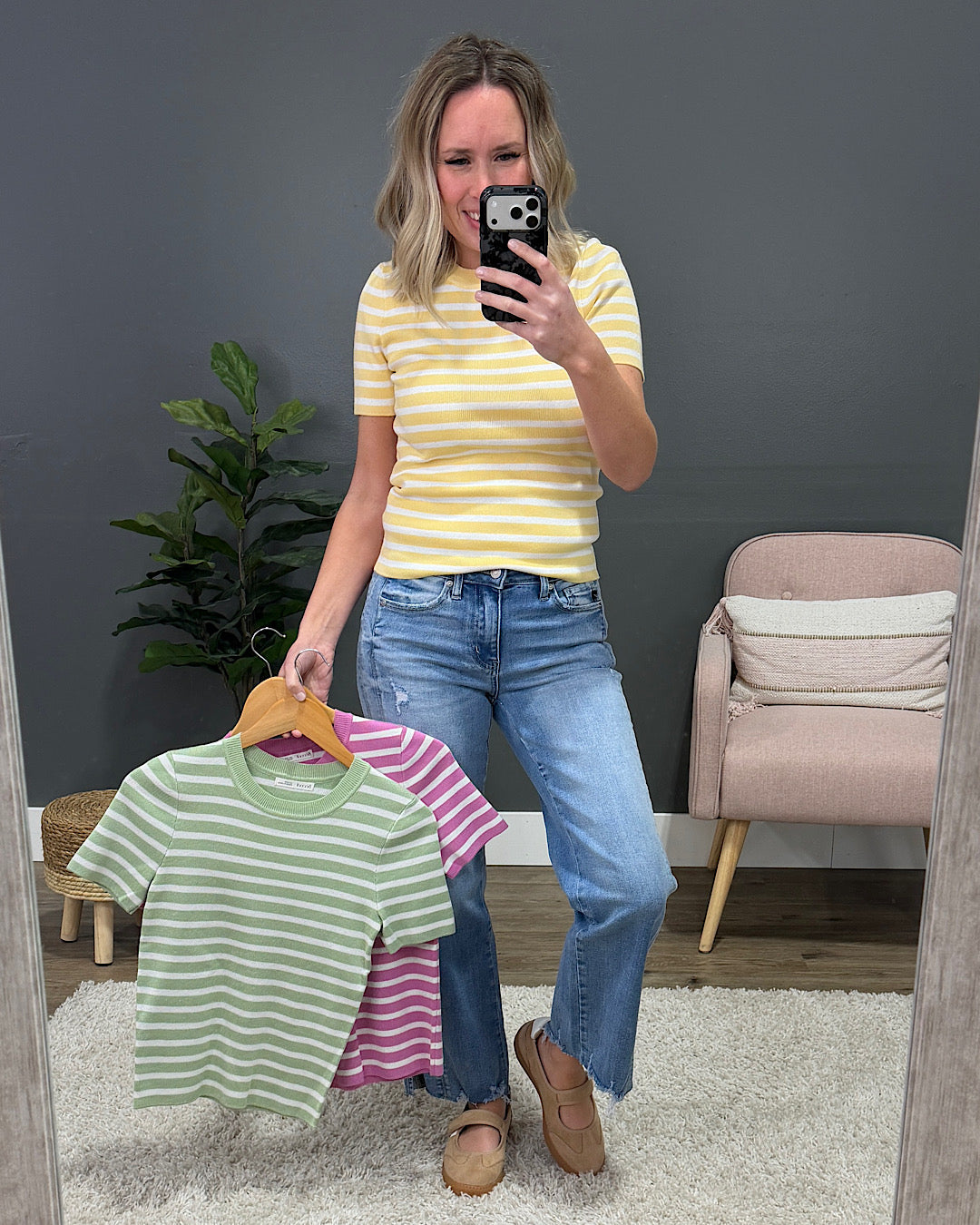 NEW! Delaney Striped Short Sleeve Sweater Top - Lime Be Cool