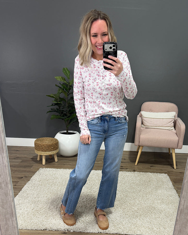 NEW! Christina Pointelle Henley Long Sleeve Top - Micro Pink Floral Michelle Mae