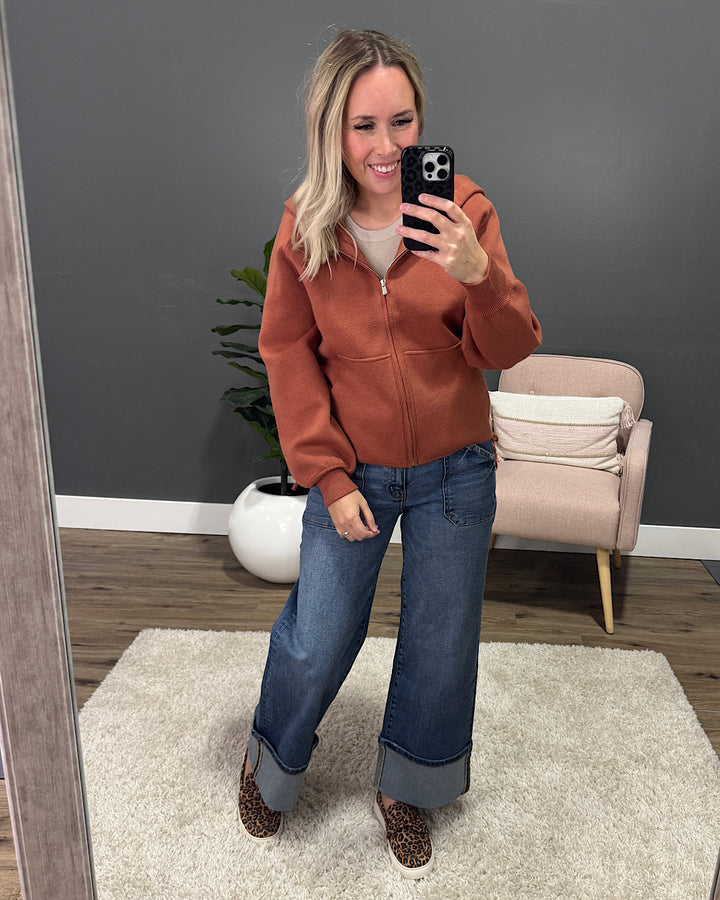 NEW! Brynn Drawstring Hem Zip Up Sweater Hoodie - Copper Staccato
