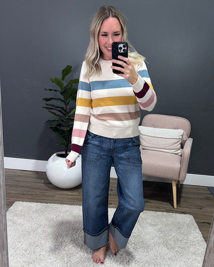 NEW! Fall in Love Striped Sweater - Teal Multi Be Cool