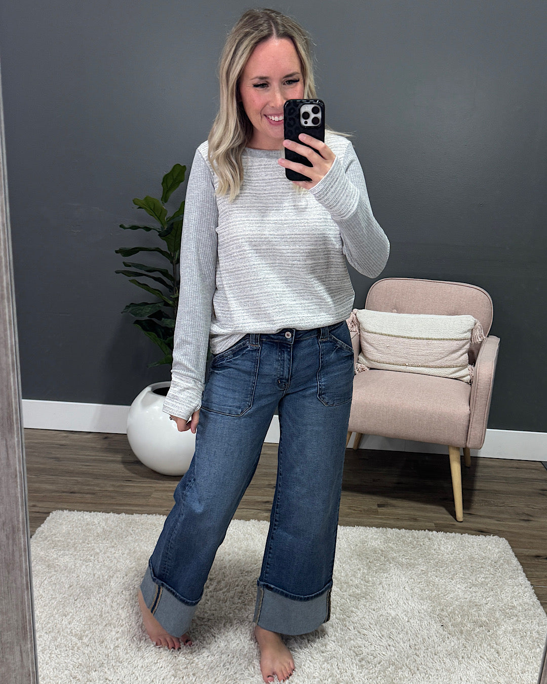 NEW! Beth Contrast Fabric Knit Top - Heather Gray Staccato