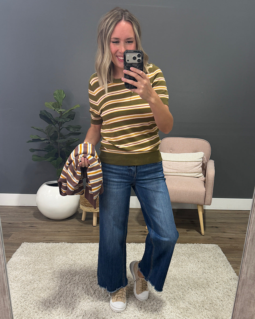 NEW! Iris Striped Short Sleeve Sweater  - Olive