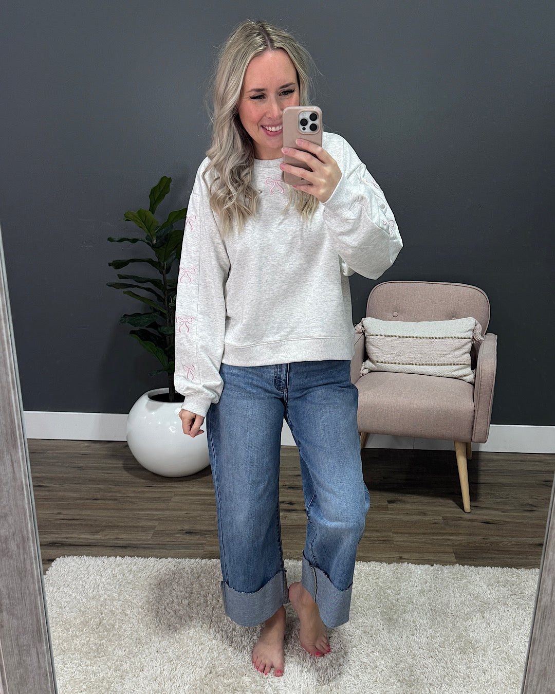 Heather Gray Sweatshirt with Pink Embroidered Ribbons Main Strip