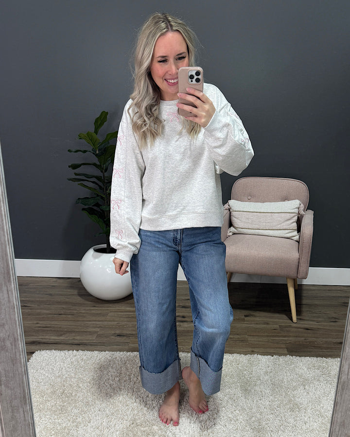 Heather Gray Sweatshirt with Pink Embroidered Ribbons Main Strip