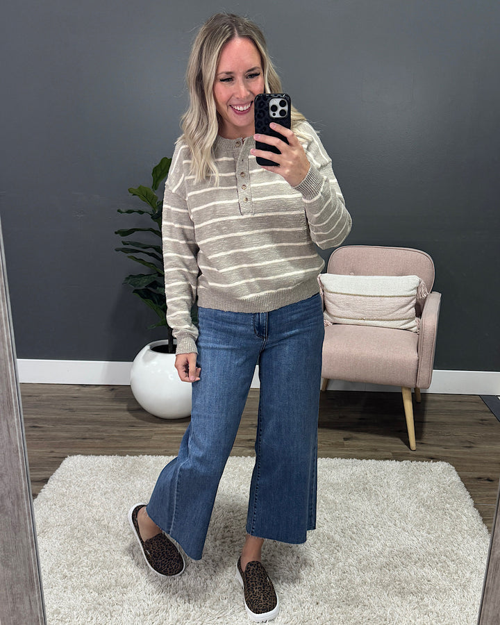 NEW! Leeann Striped Henley Sweater - Pebble Shirts & Tops Be Cool