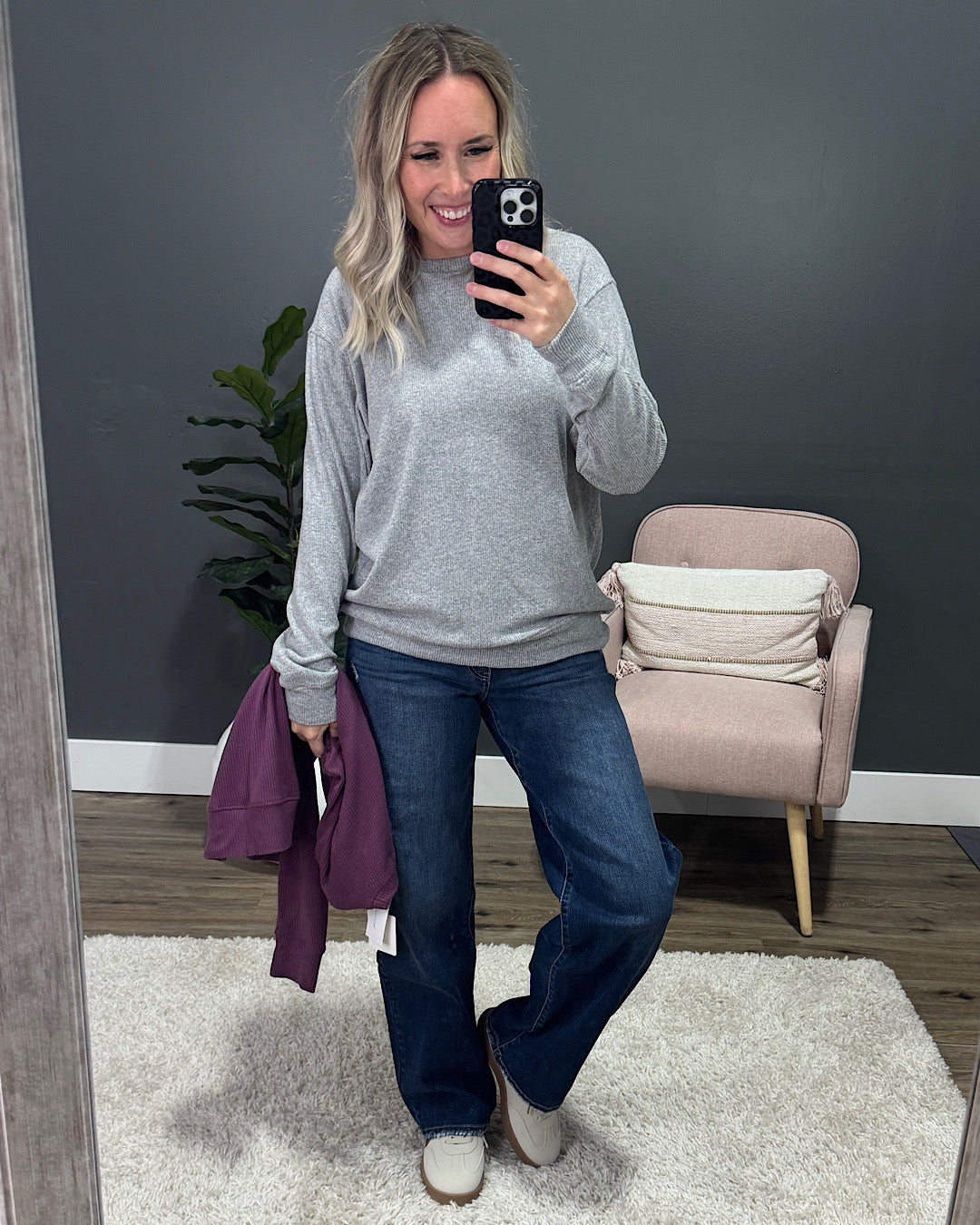 NEW! Mia Ribbed Crewneck Top - Light Gray Michelle Mae