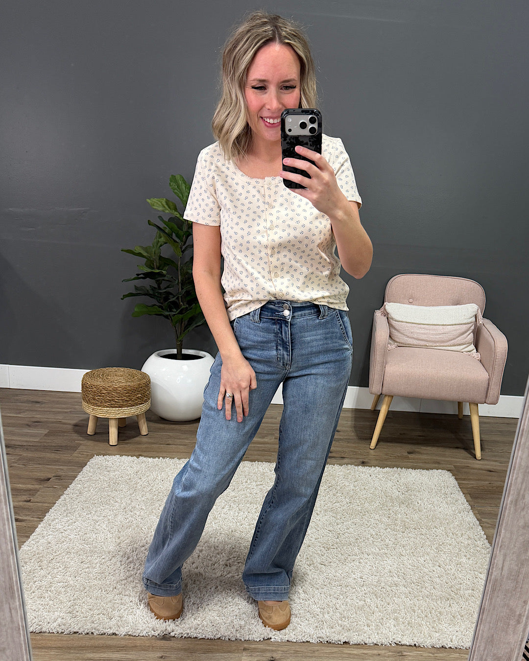 Jas Floral Button Up Knit Top - Cream & Blue Wishlist